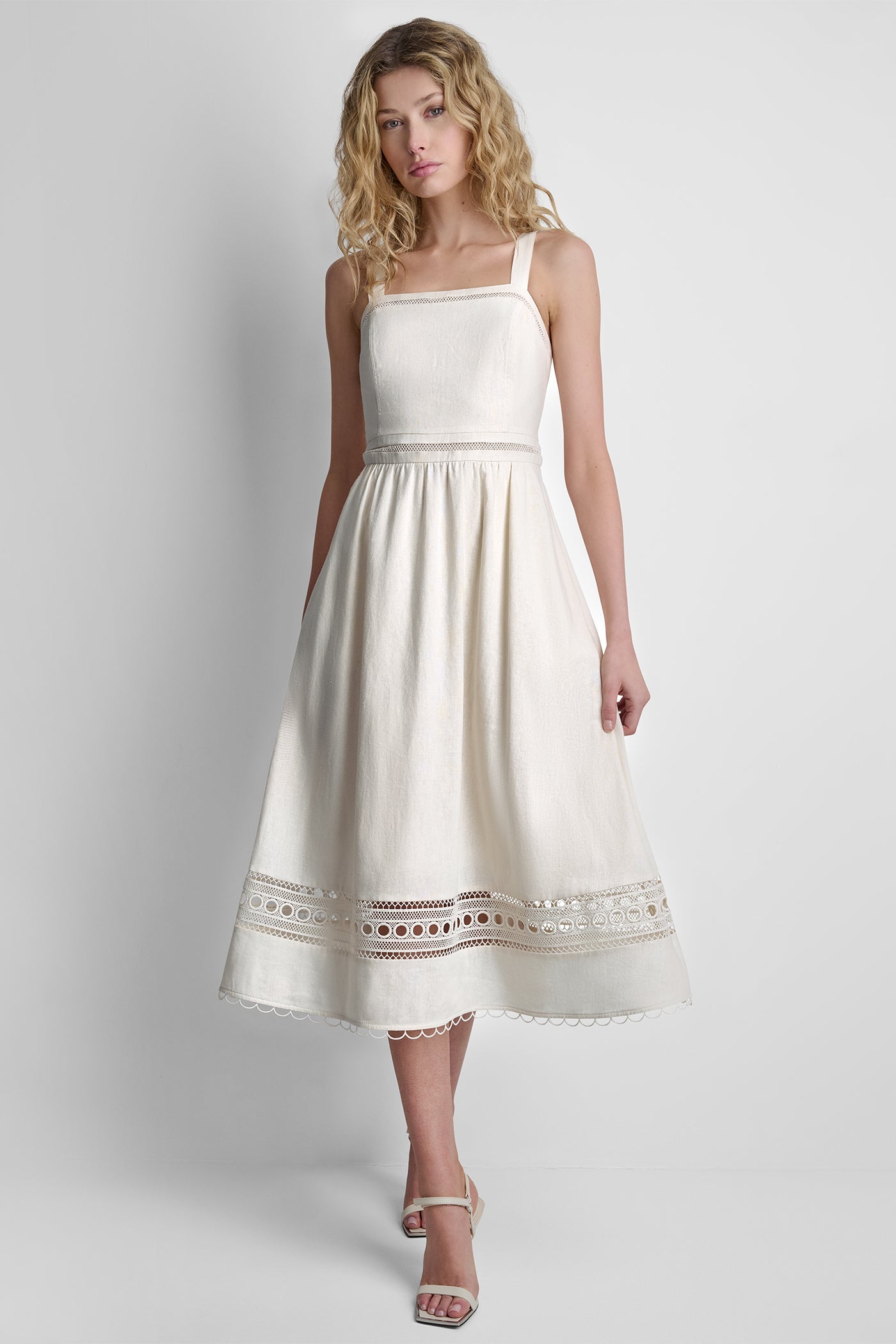 LINEN-BLEND LACE-TRIMMED MIDI DRESS