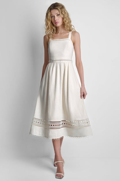 LINEN-BLEND LACE-TRIMMED MIDI DRESS