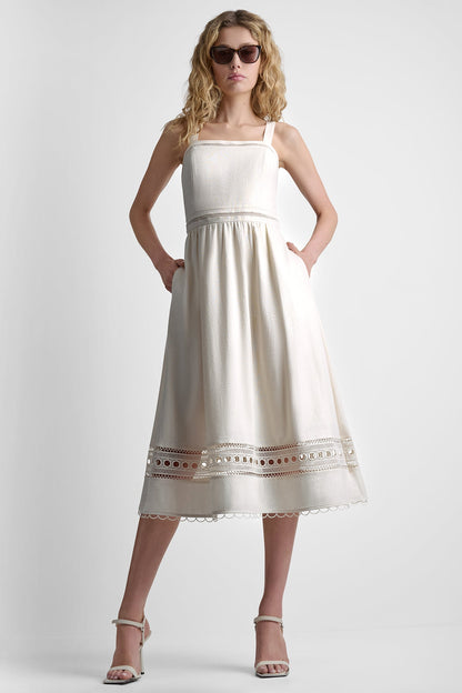 LINEN-BLEND LACE-TRIMMED MIDI DRESS