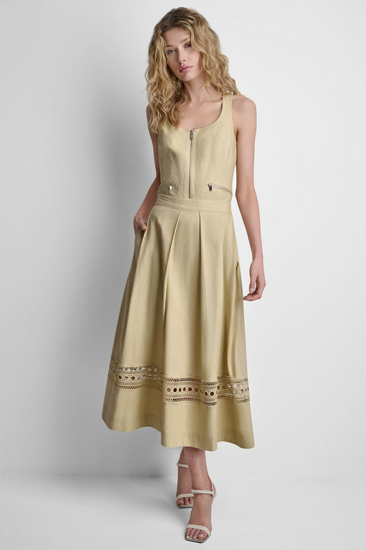 LINEN-BLEND LOOP LACE-TRIMMED PLEATED MIDI SKIRT