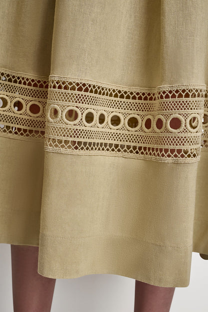 LINEN-BLEND LOOP LACE-TRIMMED PLEATED MIDI SKIRT