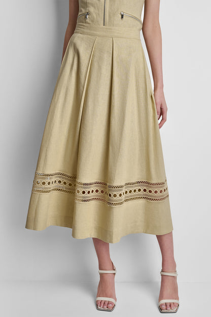 LINEN-BLEND LOOP LACE-TRIMMED PLEATED MIDI SKIRT