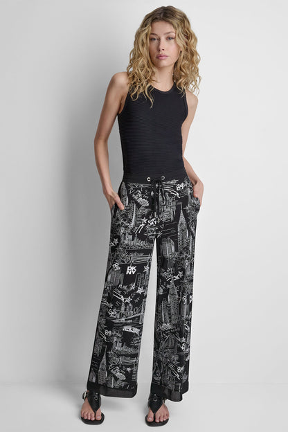 PRINTED DRAWSTRING WIDE LEG PANT