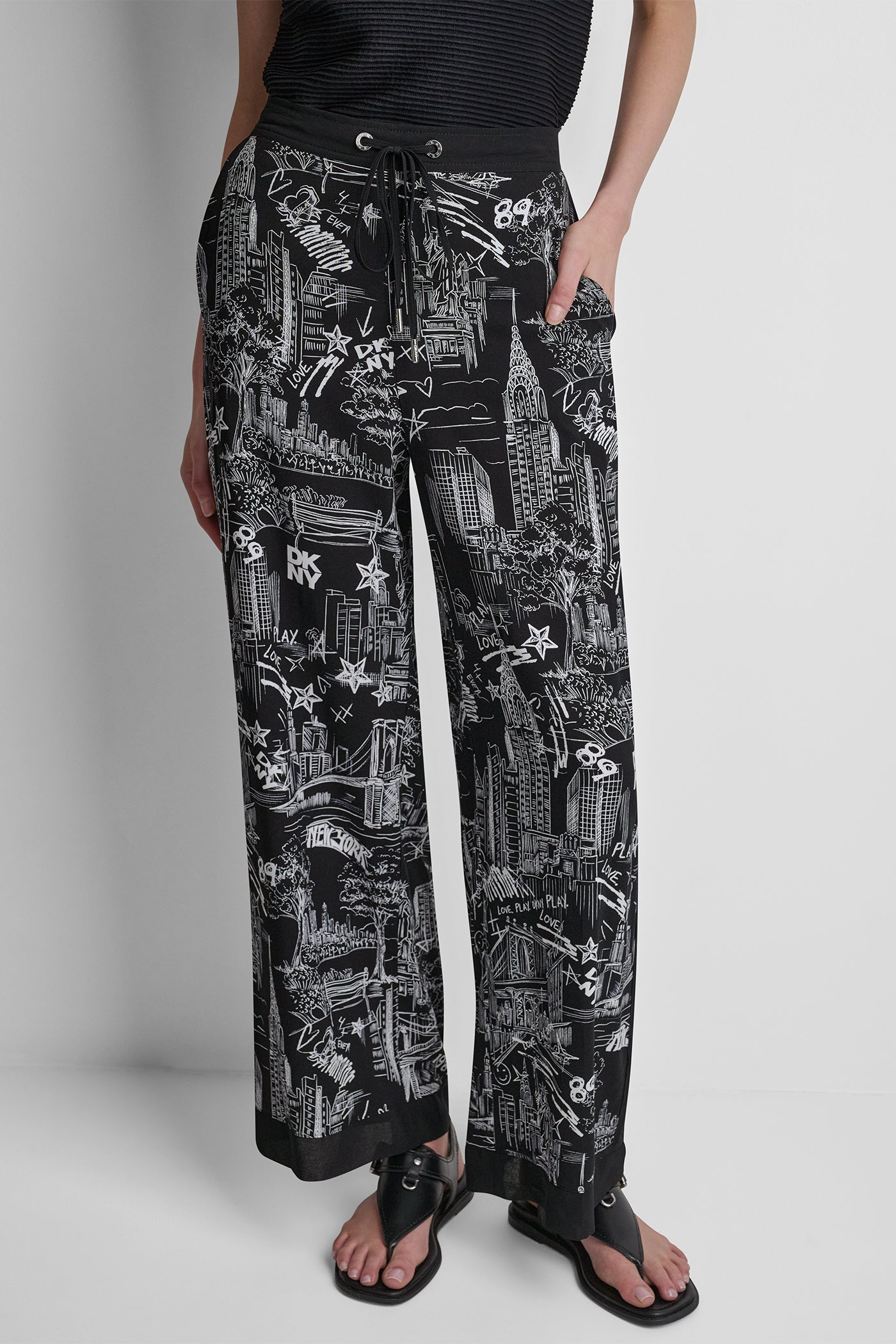 PRINTED DRAWSTRING WIDE LEG PANT