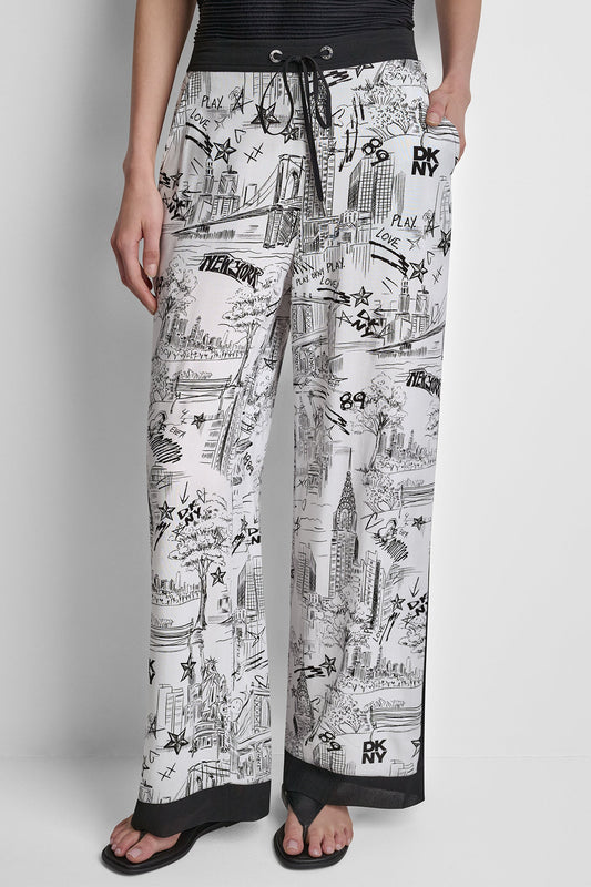 PRINTED DRAWSTRING WIDE LEG PANT
