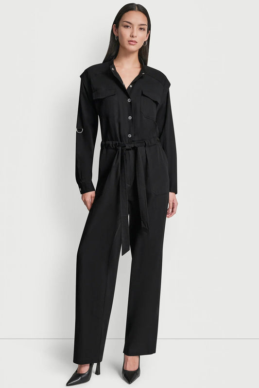 COLLARLESS BUTTON-FRONT JUMPSUIT