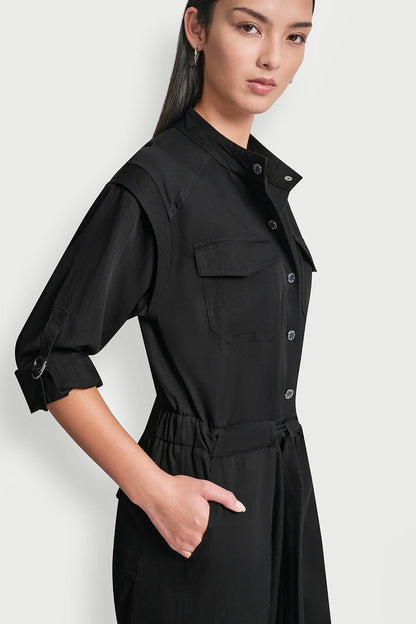 COLLARLESS BUTTON-FRONT JUMPSUIT