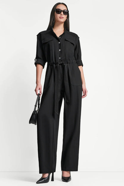 COLLARLESS BUTTON-FRONT JUMPSUIT