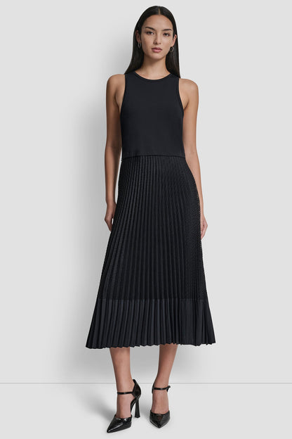 PLEATED MIXED MEDIA MIDI DRESS