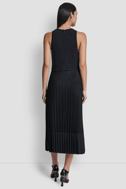 PLEATED MIXED MEDIA MIDI DRESS