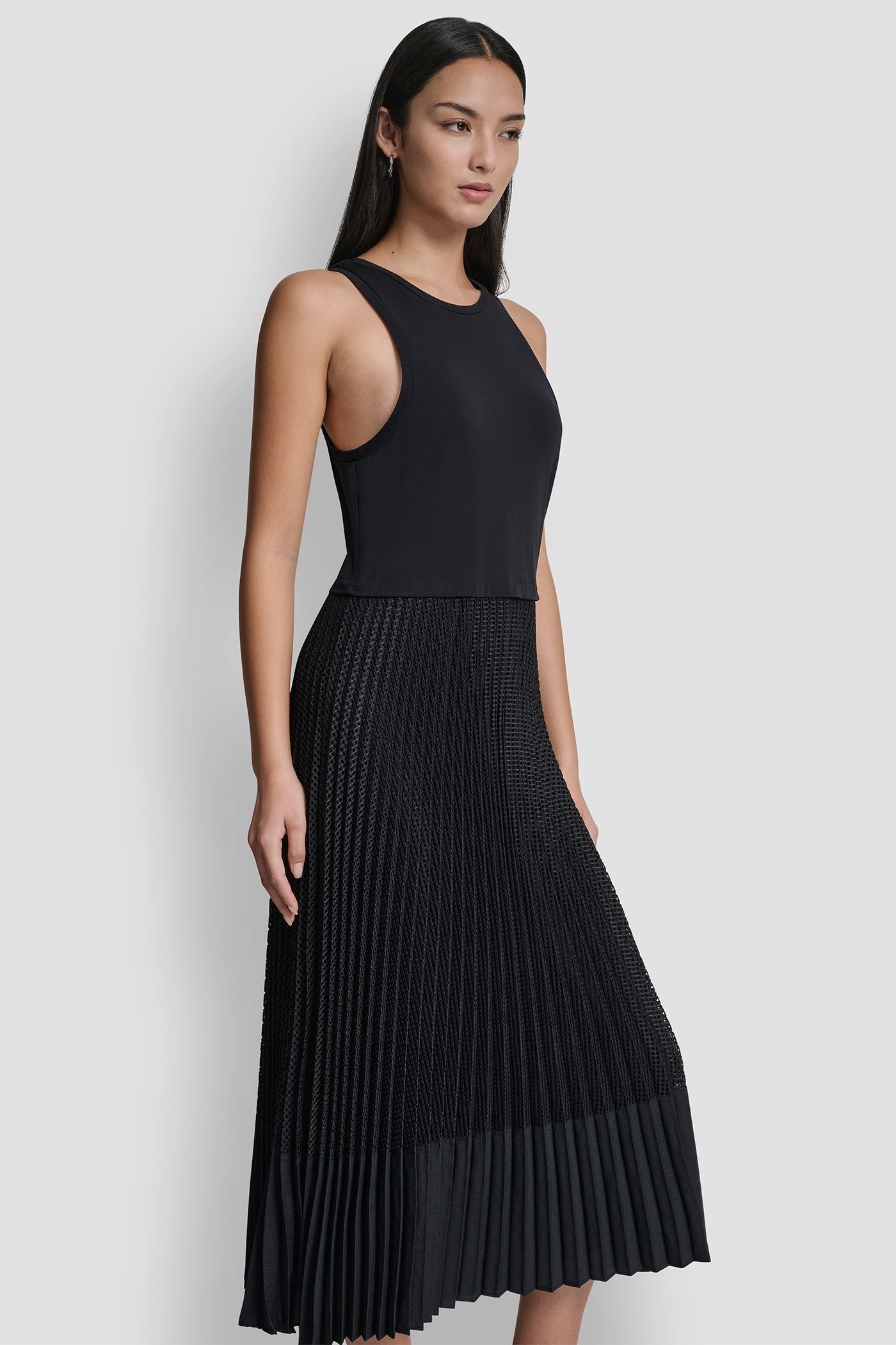 PLEATED MIXED MEDIA MIDI DRESS