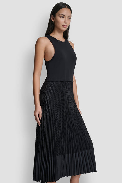 PLEATED MIXED MEDIA MIDI DRESS