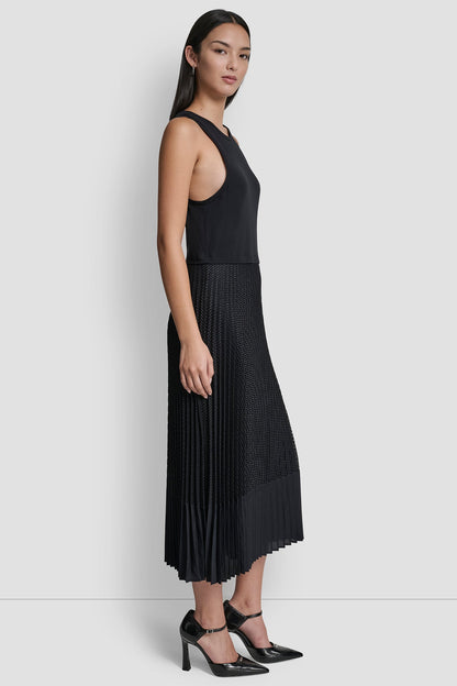 PLEATED MIXED MEDIA MIDI DRESS