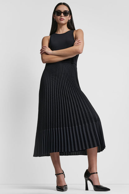 PLEATED MIXED MEDIA MIDI DRESS