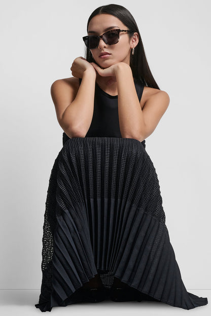 PLEATED MIXED MEDIA MIDI DRESS