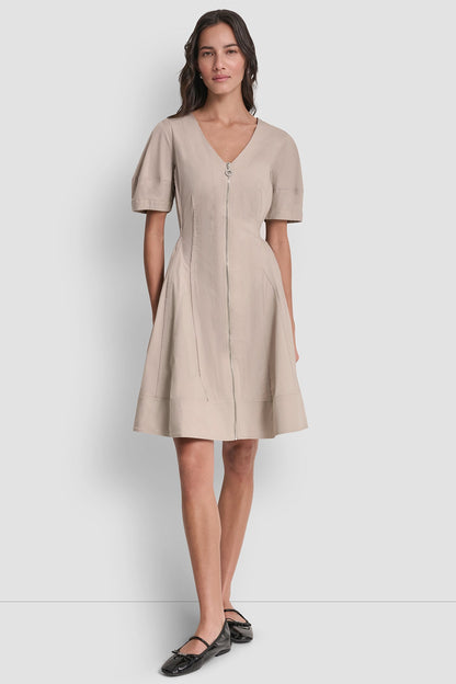 V-NECK PLEATED FIT & FLARE DRESS