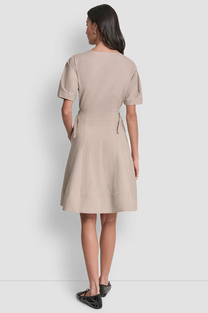 V-NECK PLEATED FIT & FLARE DRESS