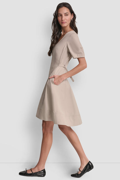 V-NECK PLEATED FIT & FLARE DRESS