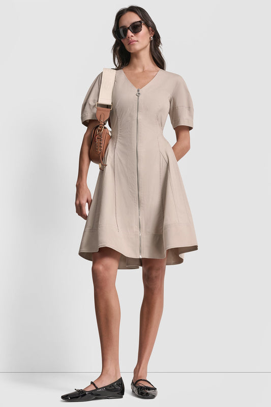 V-NECK PLEATED FIT & FLARE DRESS