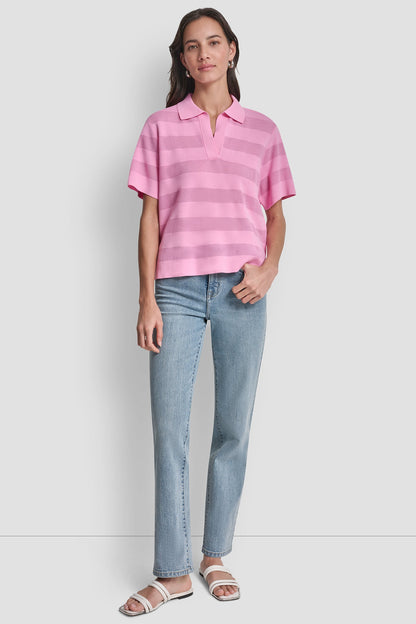SHEER STRIPED POLO SWEATER
