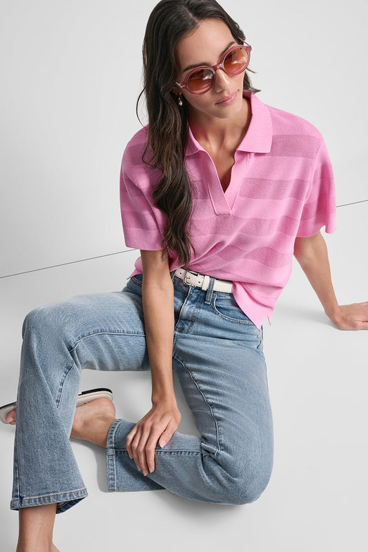 SHEER STRIPED POLO SWEATER
