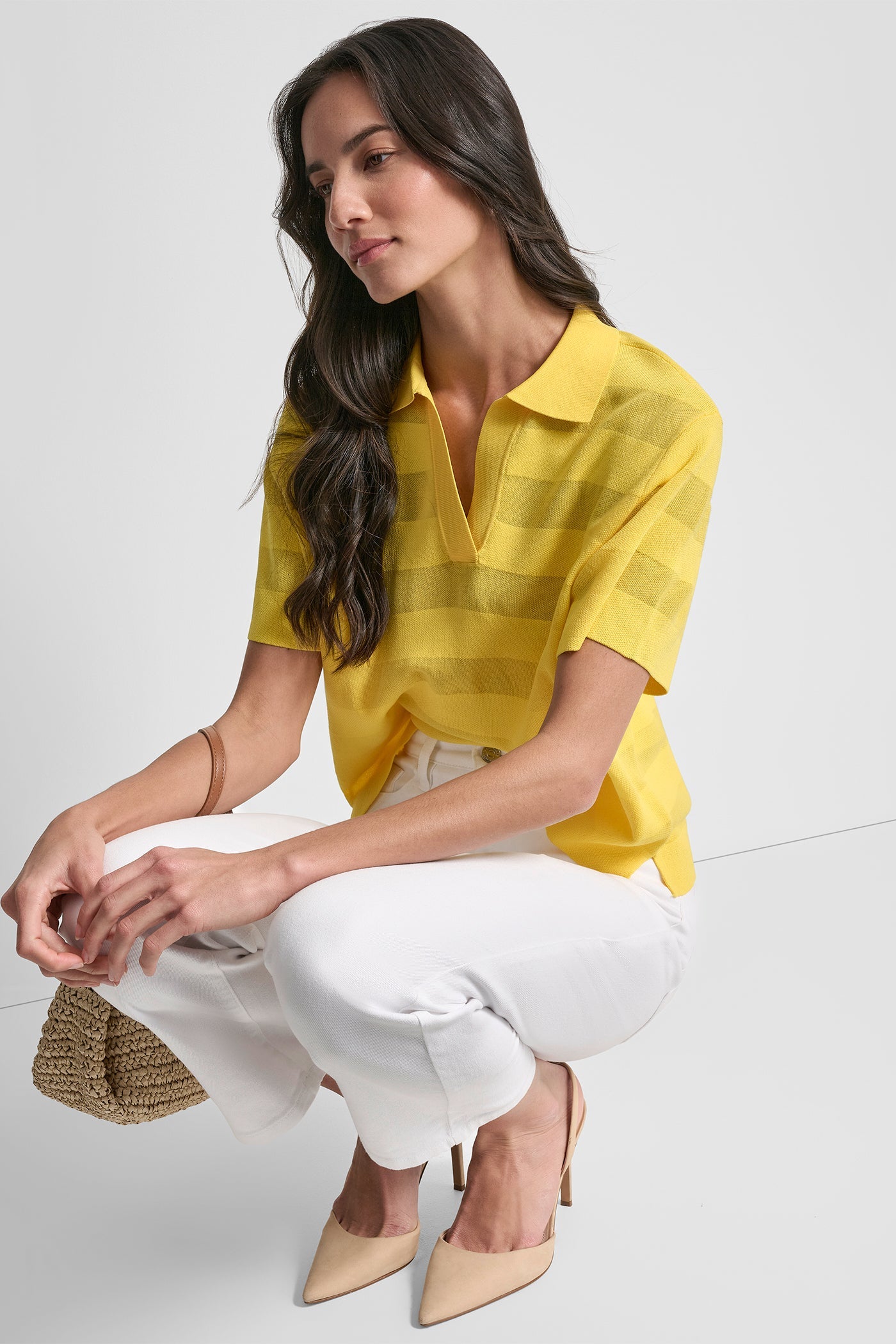SHEER STRIPED POLO SWEATER