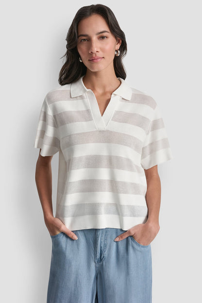 SHEER STRIPED POLO SWEATER