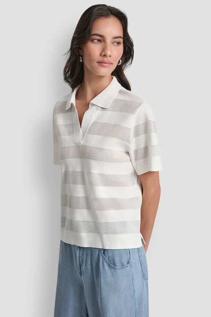 SHEER STRIPED POLO SWEATER