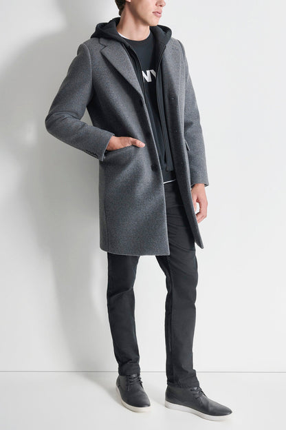 FAUX WOOL COAT WITH HOODED BIB