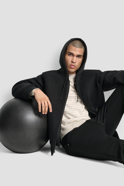 FAUX WOOL BOMBER WITH HOODED BIB