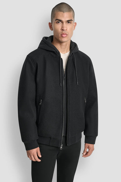 FAUX WOOL BOMBER WITH HOODED BIB