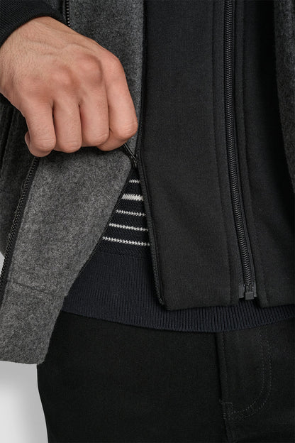 FAUX WOOL BOMBER WITH HOODED BIB
