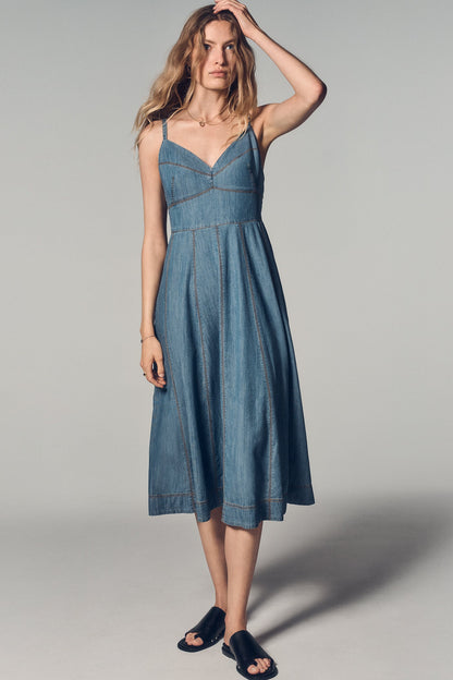 DENIM MIDI FIT & FLARE DRESS