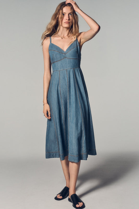 DENIM MIDI FIT & FLARE DRESS